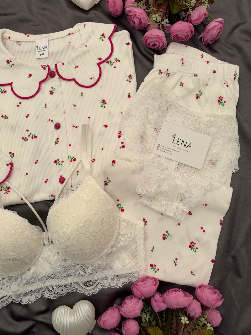 Ekru Nakış Uzun Kollu Berlin 4lü Pijama Takımı