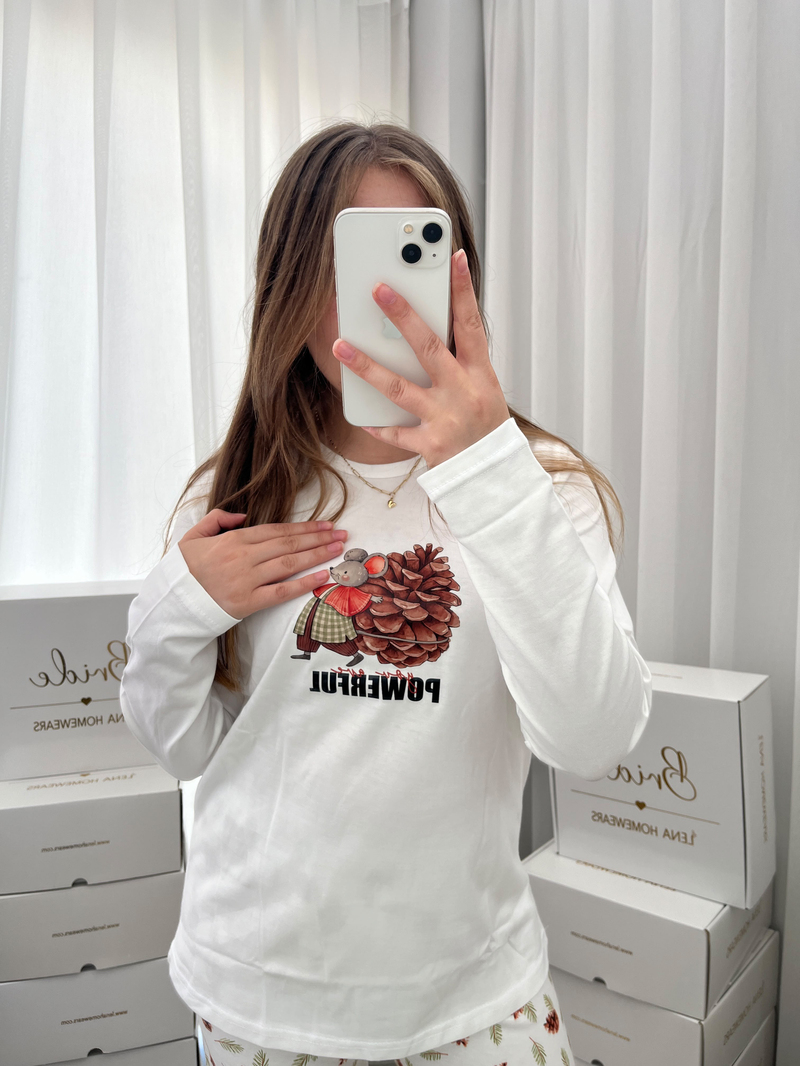 Ekru Powerful Pamuklu Uzun Kollu Pijama Takımı