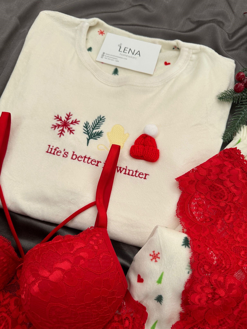 Ekru Yılbaşı İşlemeli 4lü Fransız Kadife Pijama Takımı
