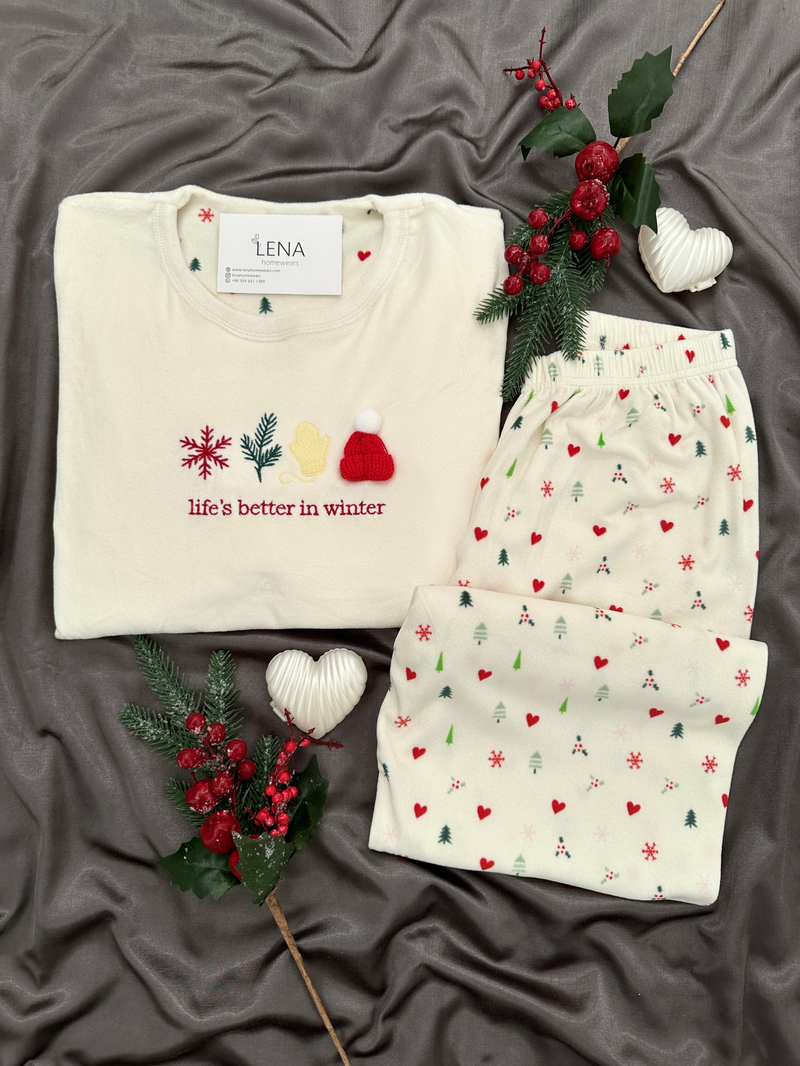 Ekru Yılbaşı İşlemeli Fransız Kadife Pijama Takımı