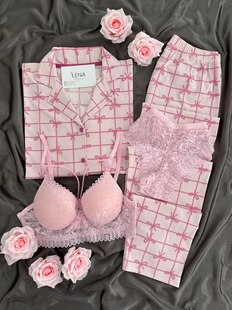 Fiyonk Desenli Düğmeli Dörtlü Pijama Seti