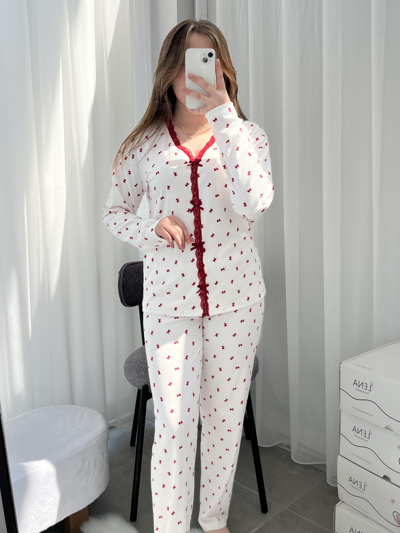 Fiyonk Desenli Ekru Berlin Pijama Takımı