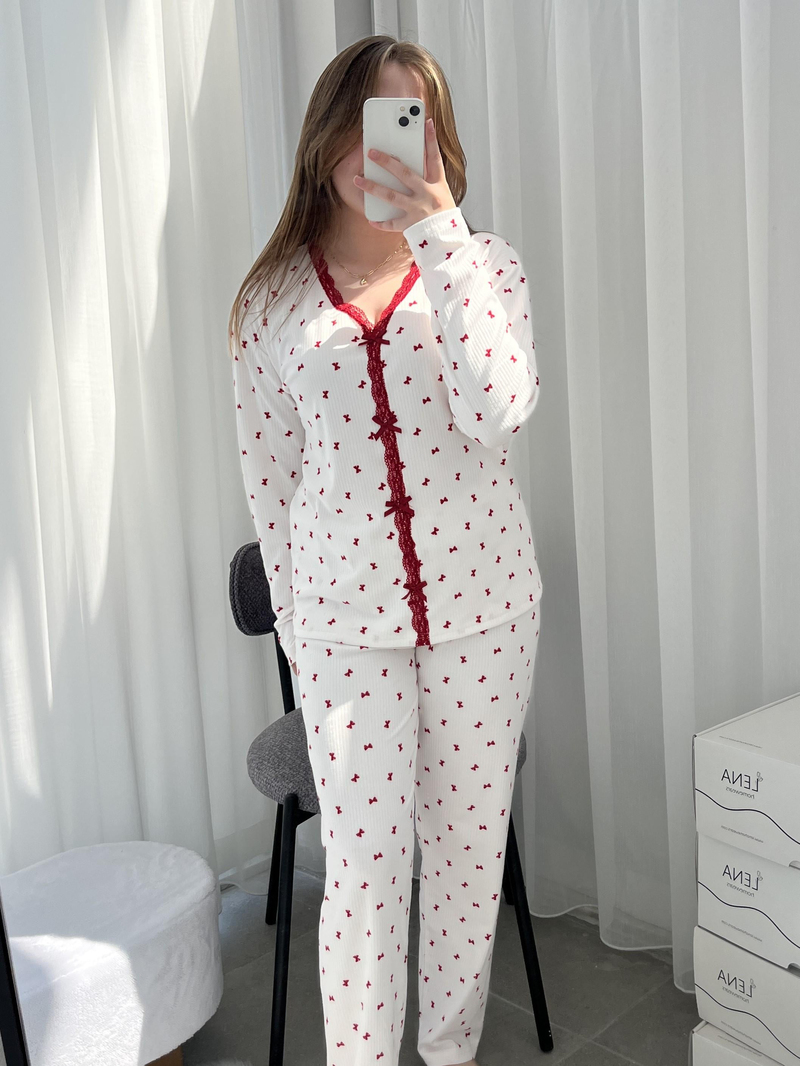 Fiyonk Desenli Ekru Berlin Pijama Takımı