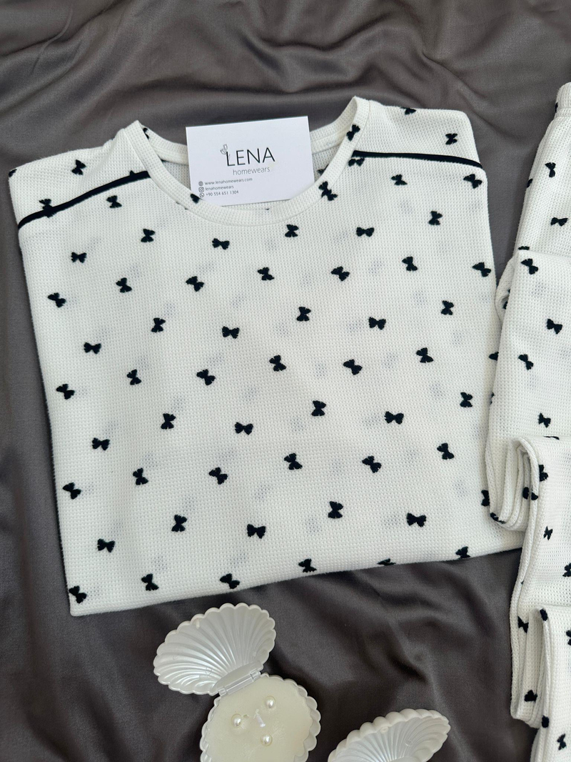 Fiyonk Desenli Ekru Waffle Premium Pijama Takımı