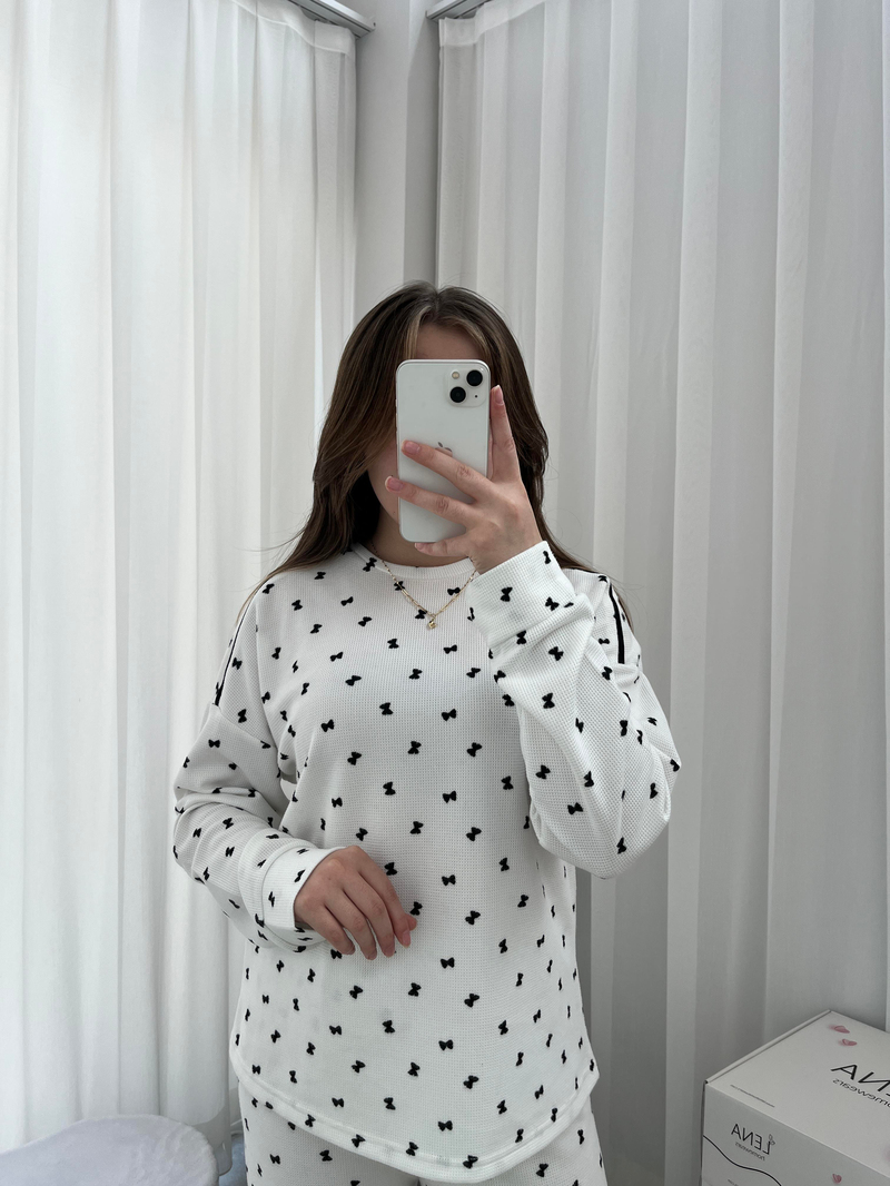 Fiyonk Desenli Ekru Waffle Premium Pijama Takımı