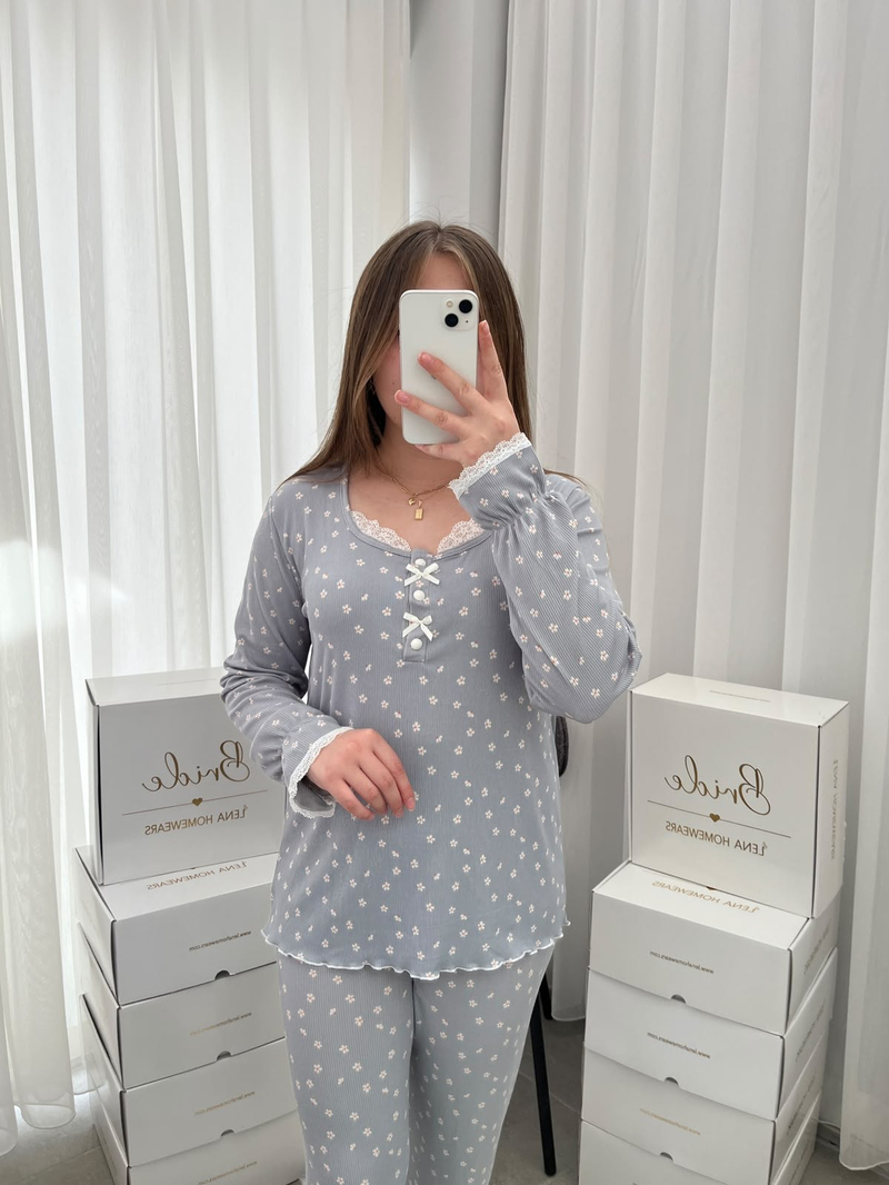 Gri Mini Papatya Uzun Kollu Berlin Pijama Takımı