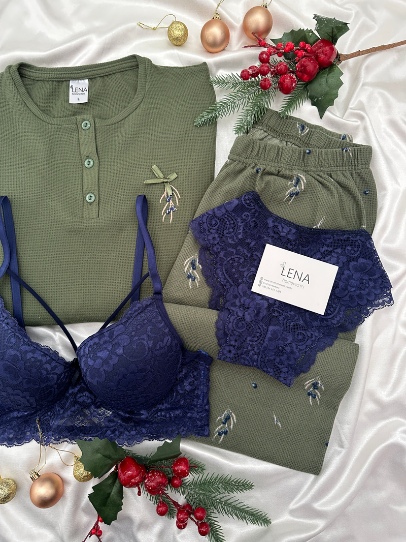 Haki Zeytin Desenli 4lü Patlı Uzun Kollu Pijama Takımı