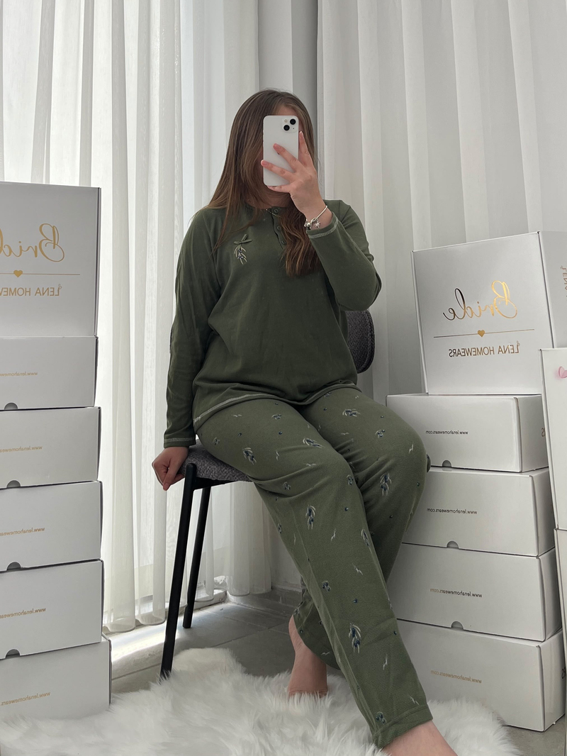 Haki Zeytin Desenli Patlı Waffle Pijama Takımı