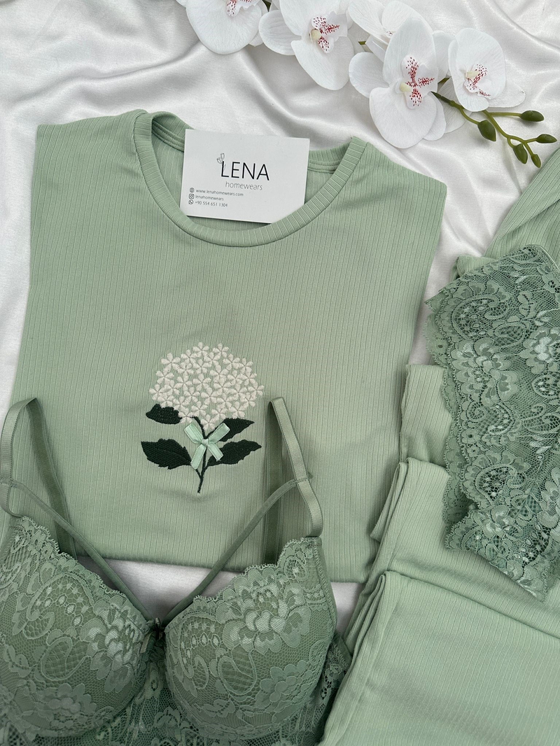Kadın Çağla Nakışlı Kısa Kollu Dörtlü Pijama Takımı 