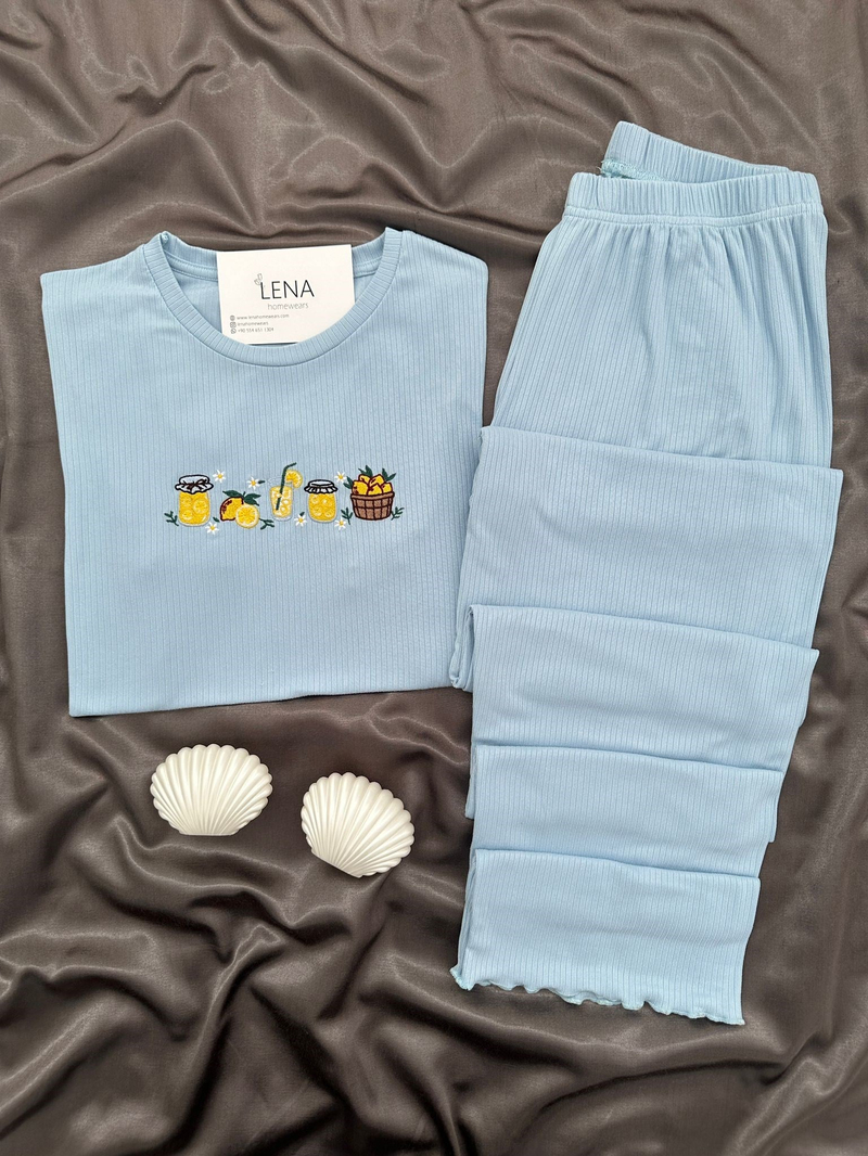 Kadın Mavi Nakışlı Kısa Kollu Oslo Pijama Takımı
