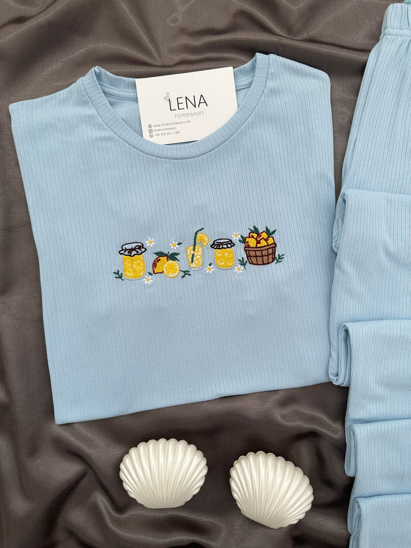 Kadın Mavi Nakışlı Kısa Kollu Oslo Pijama Takımı