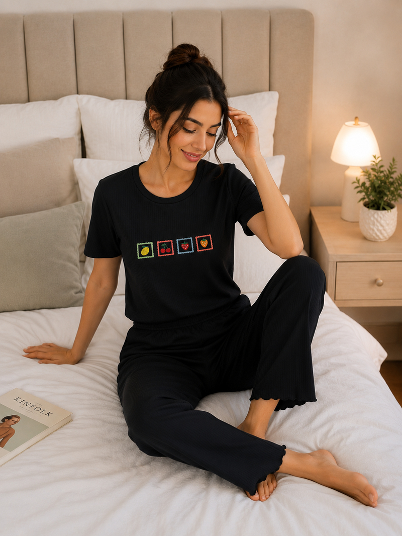 Kadın Siyah Nakışlı Kısa Kollu Dörtlü Pijama Takımı 