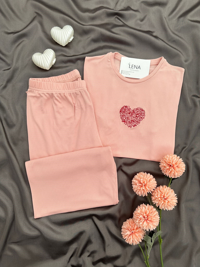 Kadın Somon Nakışlı Kısa Kollu Oslo Pijama Takımı