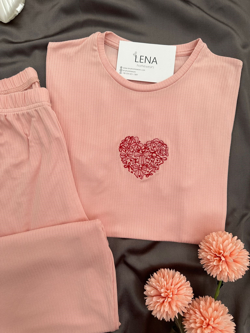 Kadın Somon Nakışlı Kısa Kollu Oslo Pijama Takımı