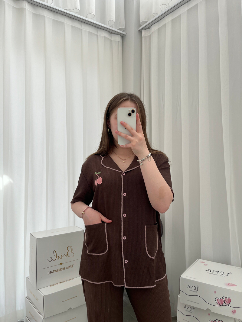 Kahve Kiraz İşlemeli Bürümcük Dörtlü Pijama Takımı🍒