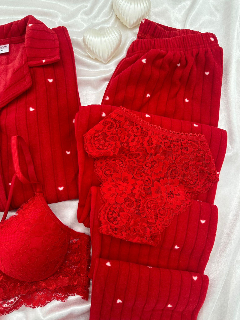 Kırmızı Starly Dörtlü Polar Pijama Seti