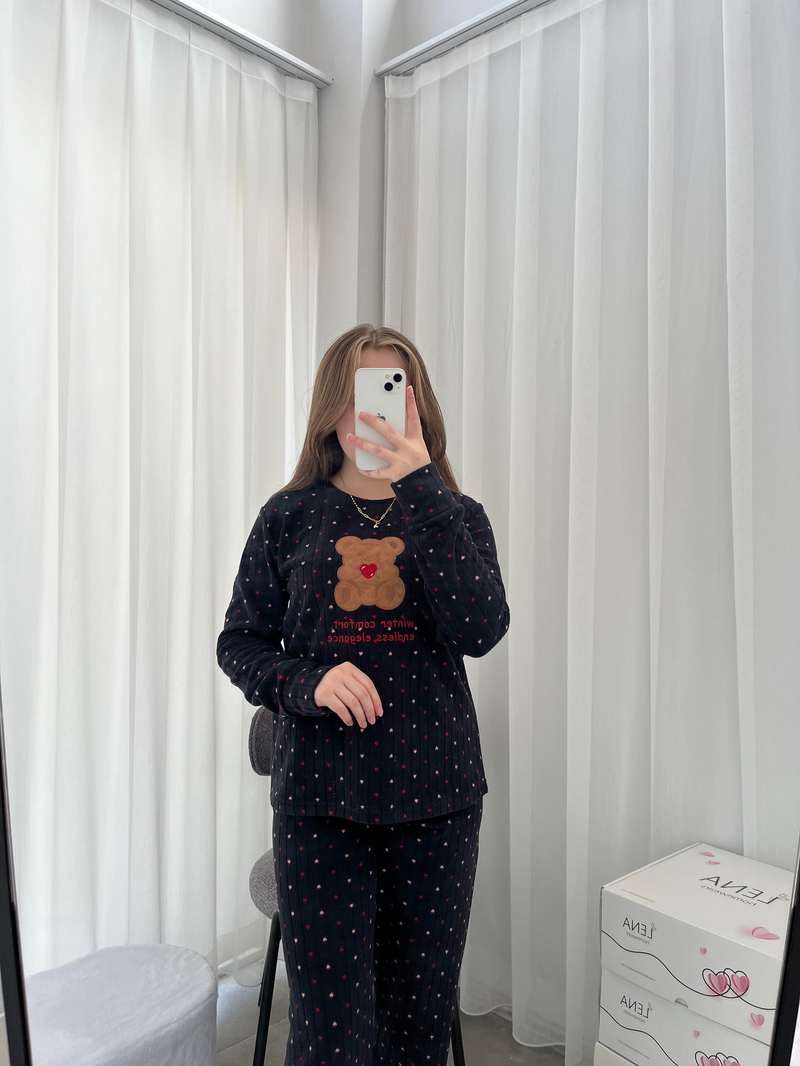 Kalp Desenli Siyah Polar Pijama Takımı