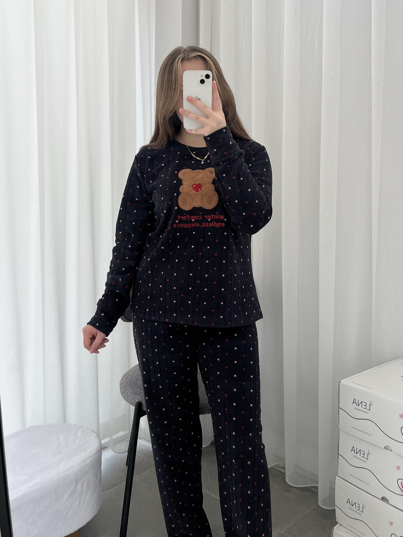 Kalp Desenli Siyah Polar Pijama Takımı