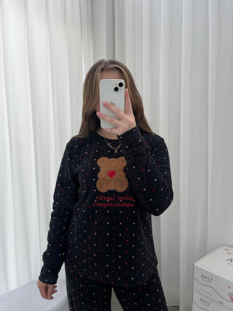 Kalp Desenli Siyah Polar Pijama Takımı