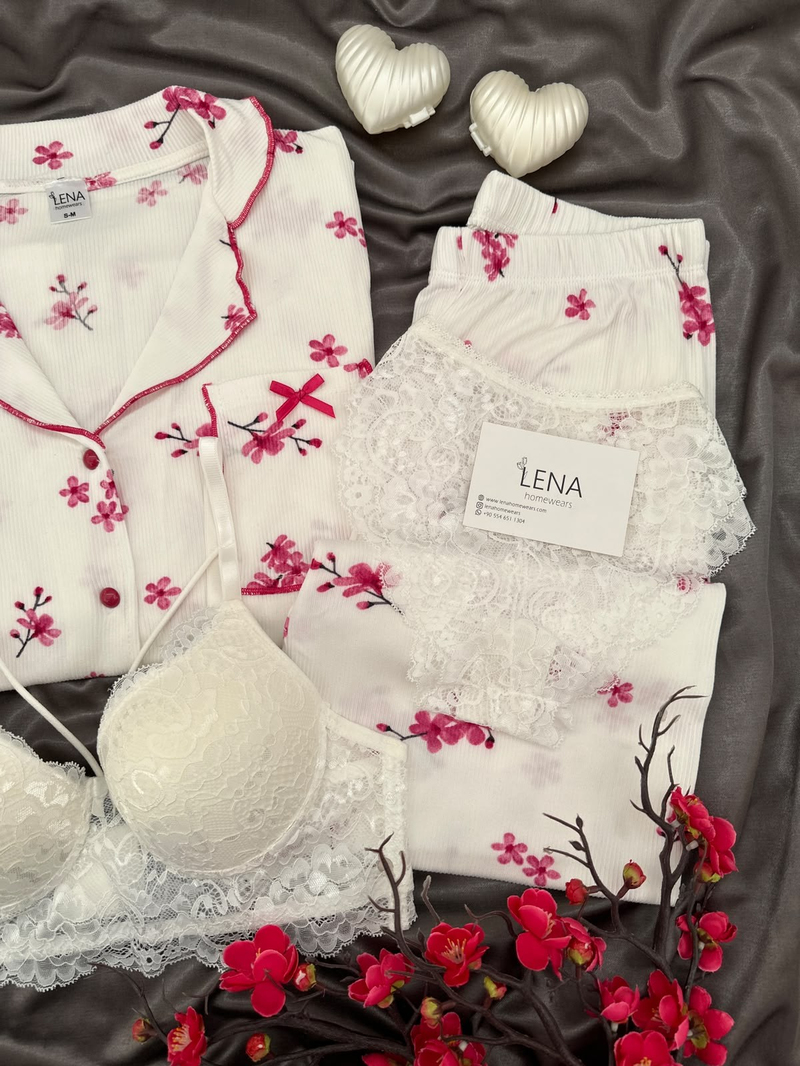 Kiraz Çiçeği 4lü Uzun Kollu Pijama & Çamaşır Seti