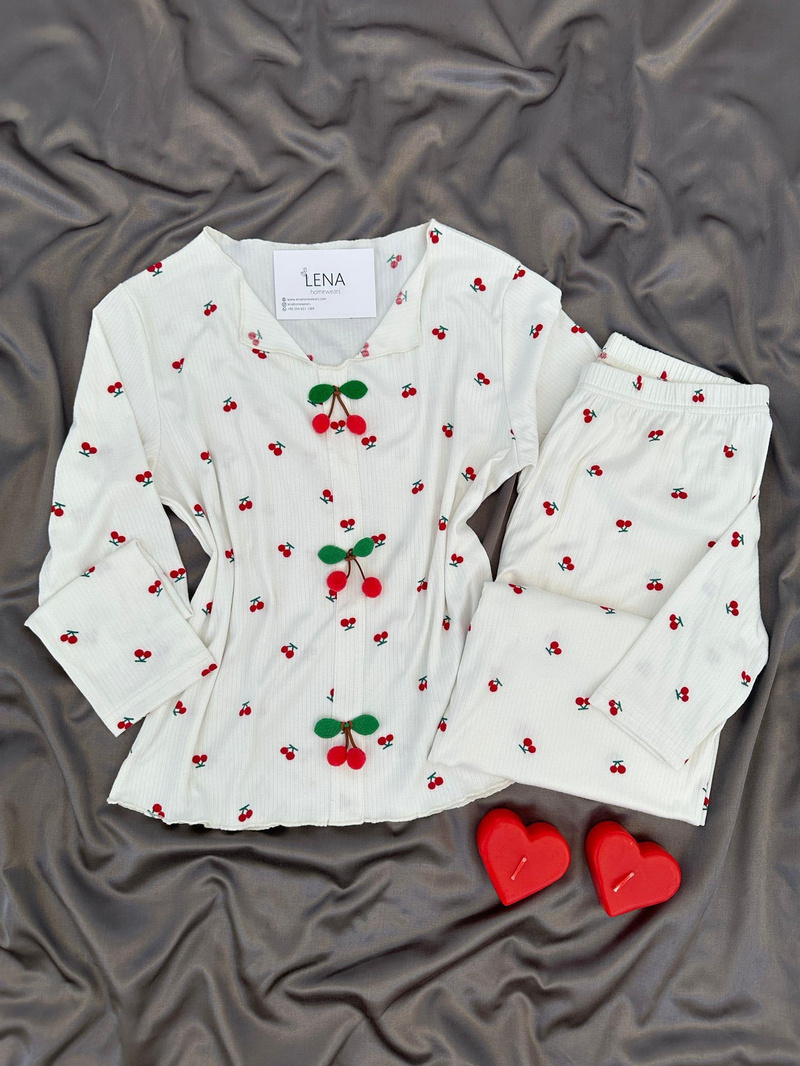 Kiraz Desenli Ekru Berlin Pijama Takımı