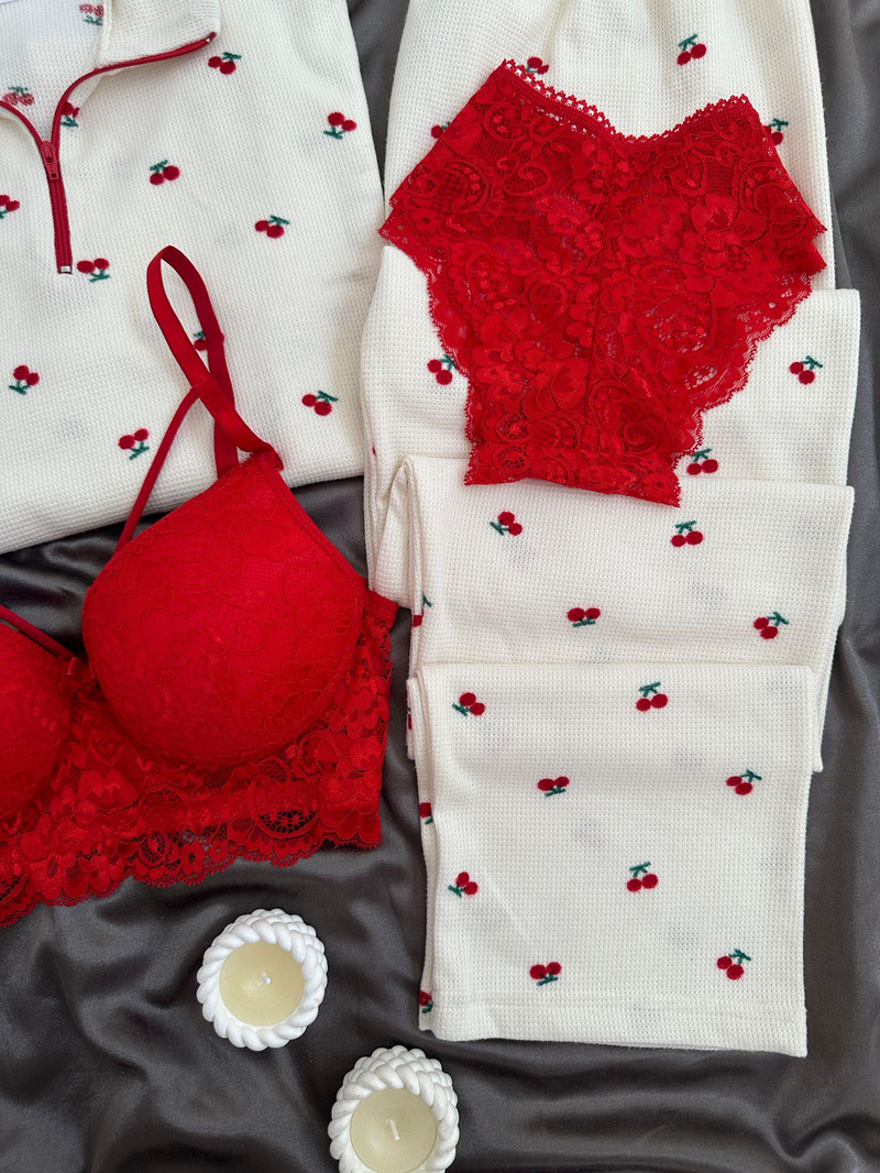 Kirazlı Fermuar Detaylı Dörtlü Pijama Seti