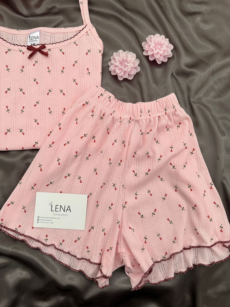 Kırmızı Lale Pamuklu Şortlu Pijama Takımı