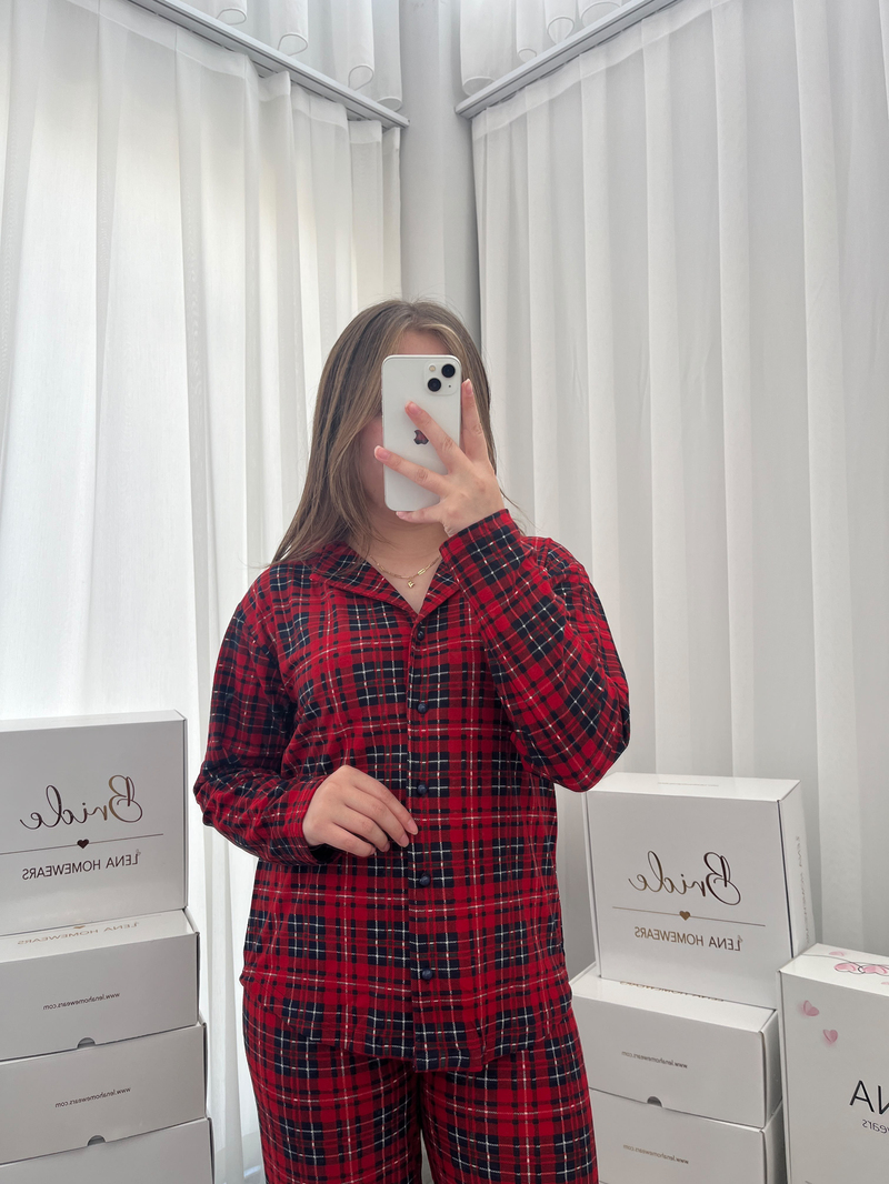 Kırmızı Ekose Desenli Termosoft Uzun Kollu Pijama Takımı