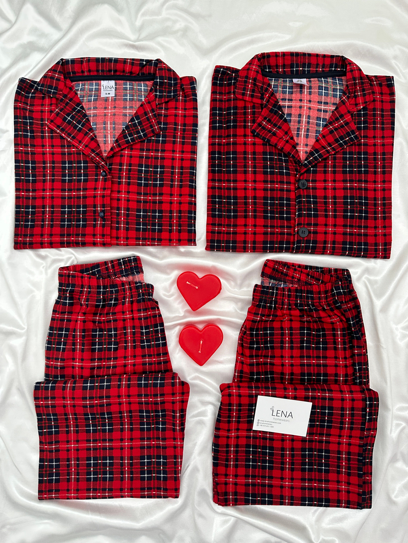 Kırmızı Ekose Günlük Rahat Sevgili Çift Uzun Kollu Pijama Takımı (2li Set)