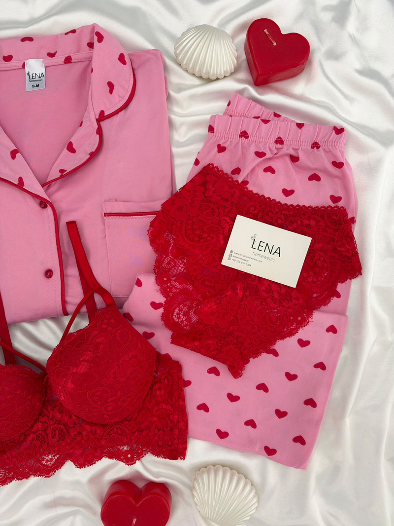 Kırmızı Kalp Desenli Pembe Milan Uzun Kollu 4lü Pijama Takımı
