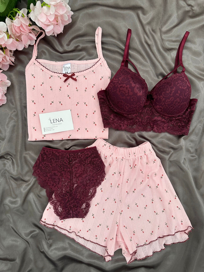 Kırmızı Lale Desenli Pamuklu 4lü Şortlu Pijama Takımı