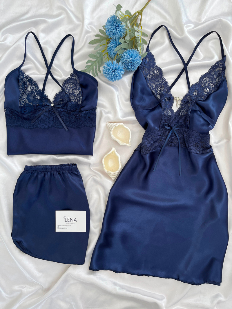 Lacivert Beauty Kadın Saten Takımı