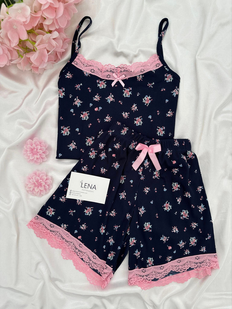 Lacivert Çiçekl Desenli 6lı Cares Pijama Takımı