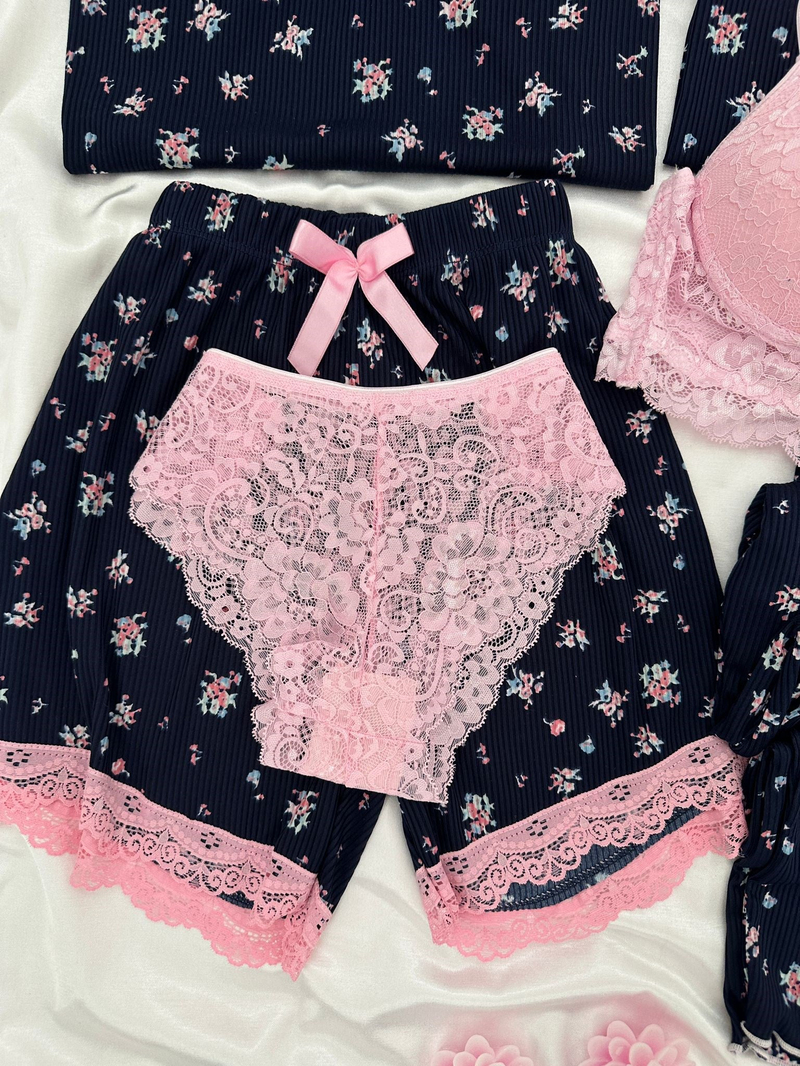 Lacivert Çiçekl Desenli 6lı Cares Pijama Takımı