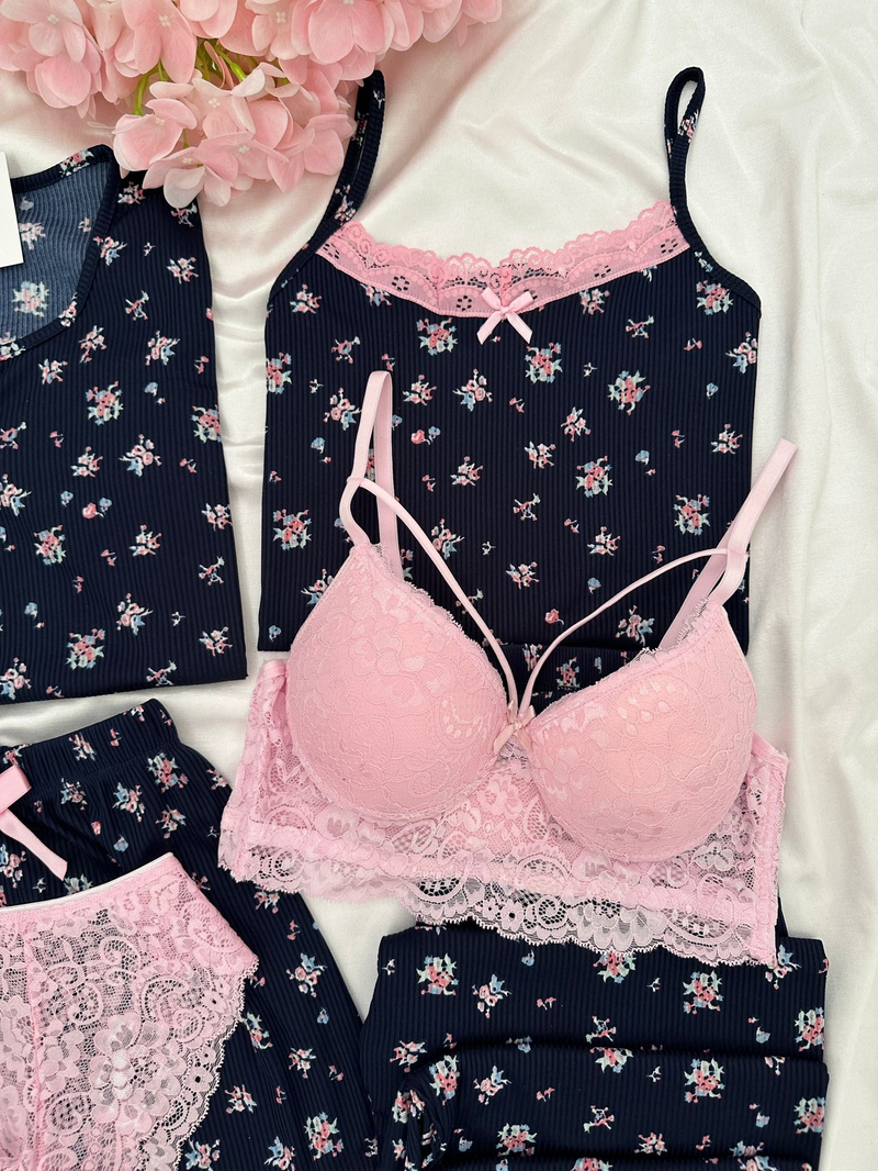 Lacivert Çiçekl Desenli 6lı Cares Pijama Takımı