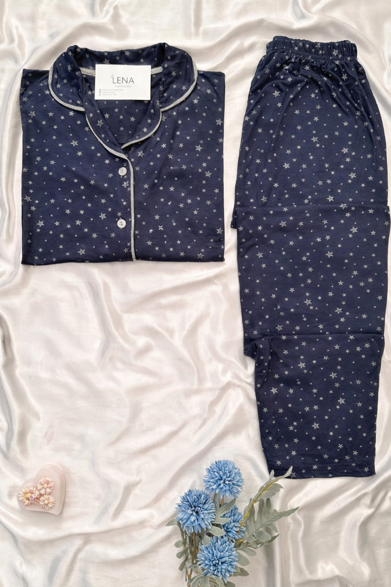 Lacivert Kalp Desenli Kısa Kollu Pijama Takımı
