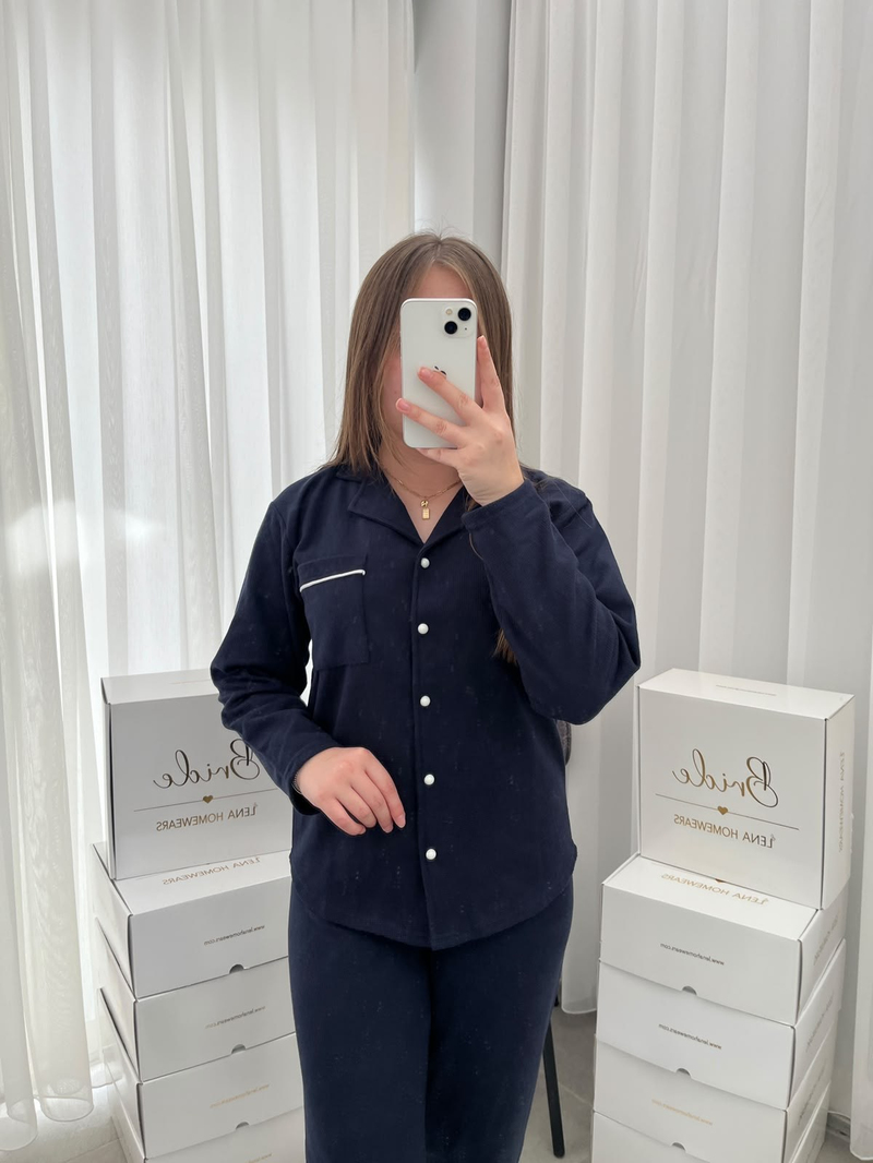 Lacivert Sade 4lü Waffle Uzun Kollu Pijama Takımı