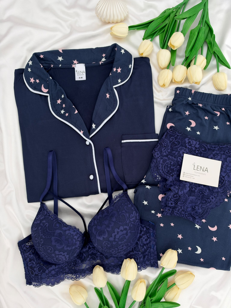 Lacivert Yıldız & Ay Desenli Milan Uzun Kollu 4lü Pijama Takımı