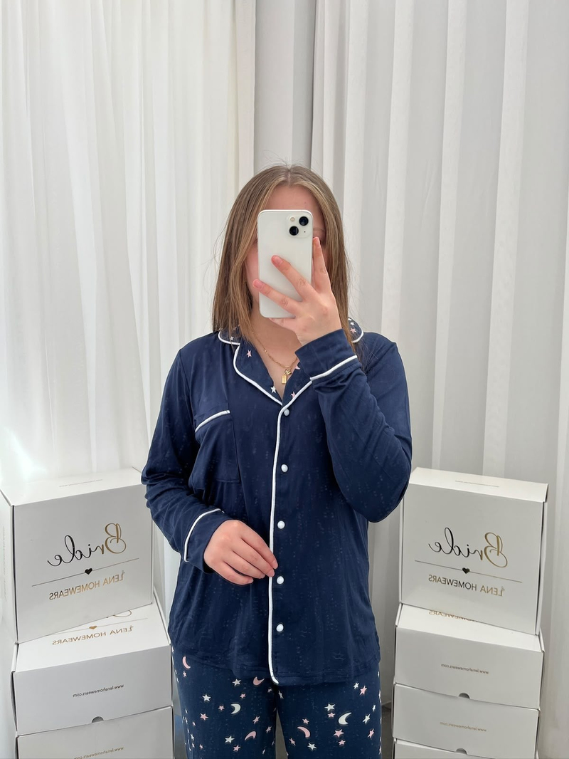Lacivert Yıldız & Ay Desenli Milan Uzun Kollu Pijama Takımı