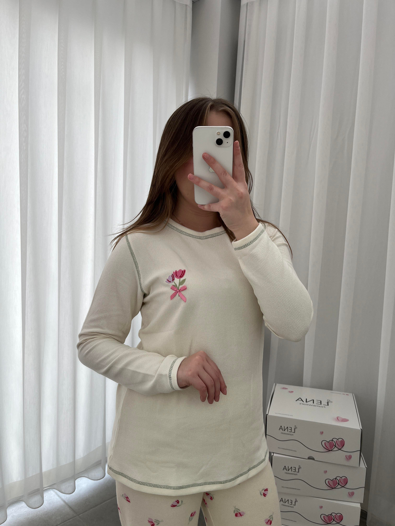 Lale Devri Waflle Uzun Kollu Pijama Takım 