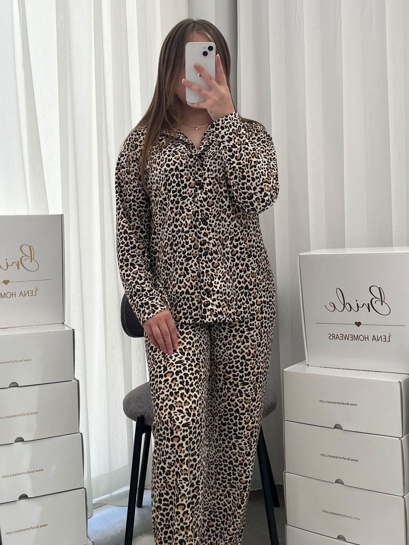 Leopar Desenli Termosoft Uzun Kollu Pijama Takımı