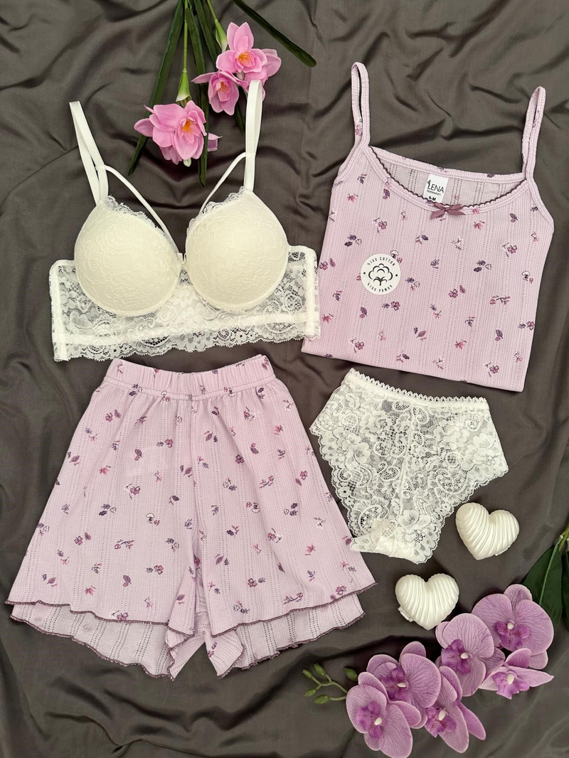 Lila Çiçek Desenli Pamuklu 4lü Şortlu Pijama Takımı
