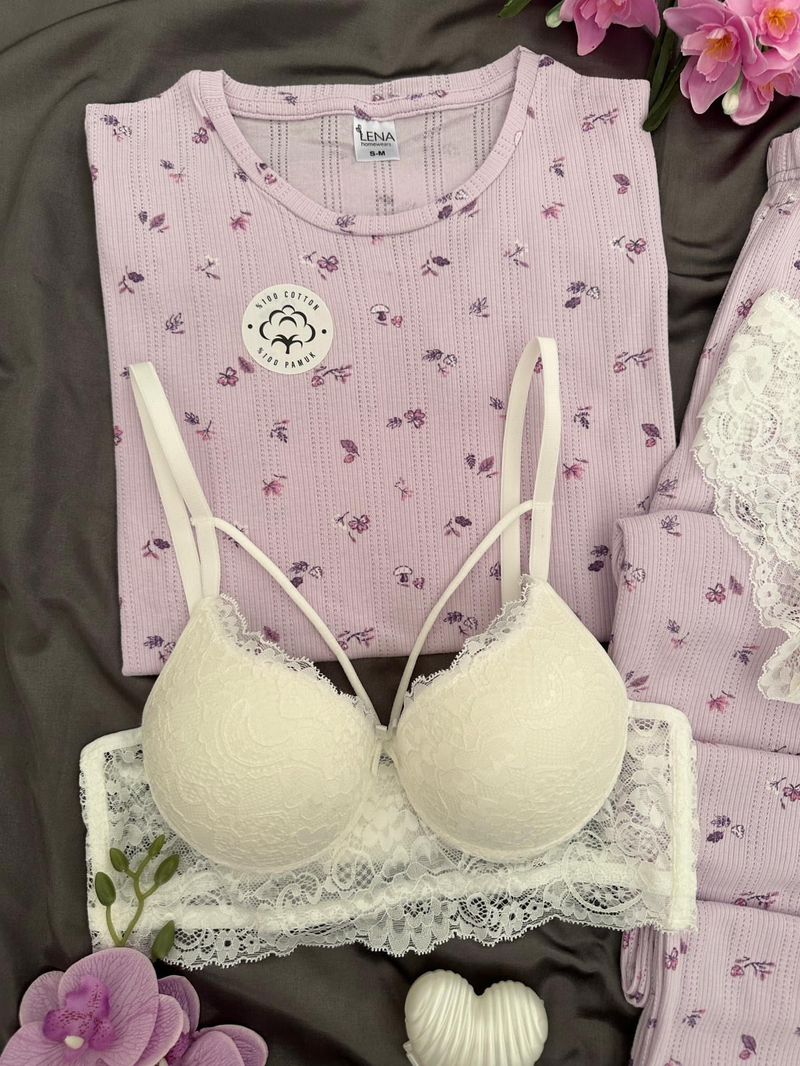 Lila Çiçek Pamuklu Dörtlü Pijama Takımı