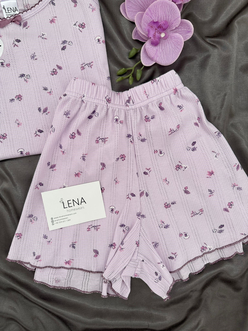 Lila Çiçek Pamuklu Şortlu Pijama Takımı