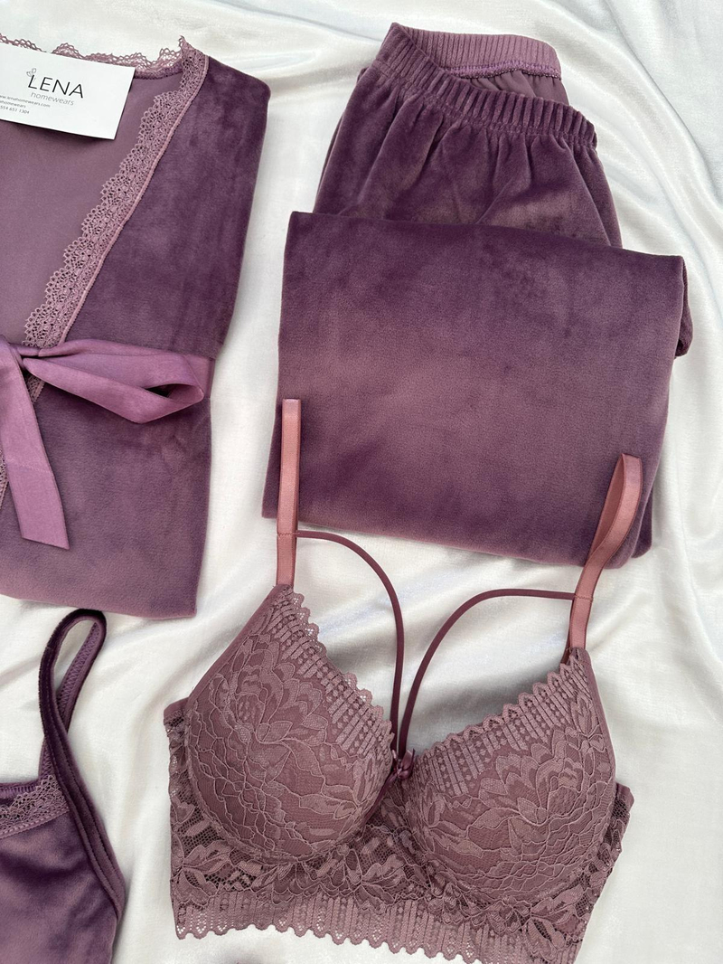 Lila Kadife Sabahlıklı 5li Pijama Set
