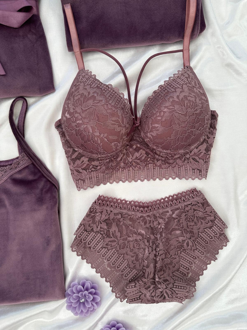 Lila Kadife Sabahlıklı 5li Pijama Set