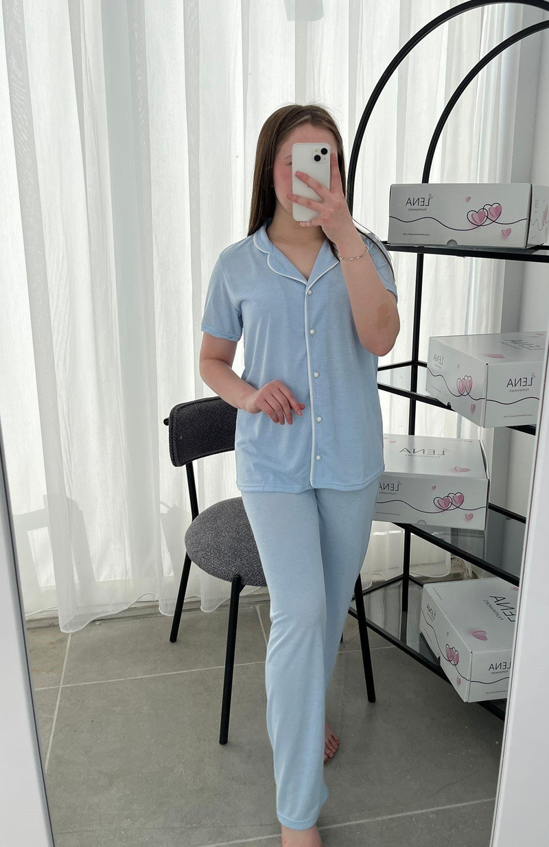 Mavi Biyeli 4lü Kısa Kollu Pijama Takım 