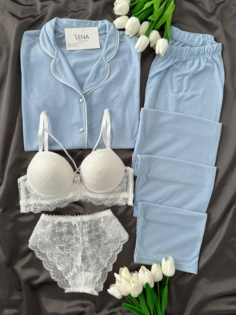 Mavi Biyeli 4lü Kısa Kollu Pijama Takım 