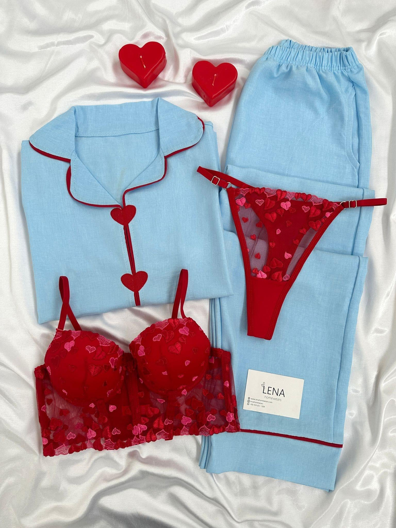 Mavi Dörtlü Kalbim Sende Kısa kollu Pijama Seti 