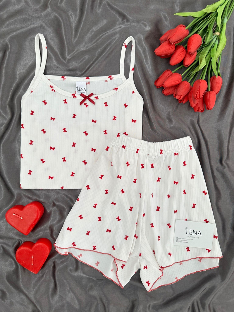 Minia Kırmızı Fiyonk Şortlu Pijama Takımı
